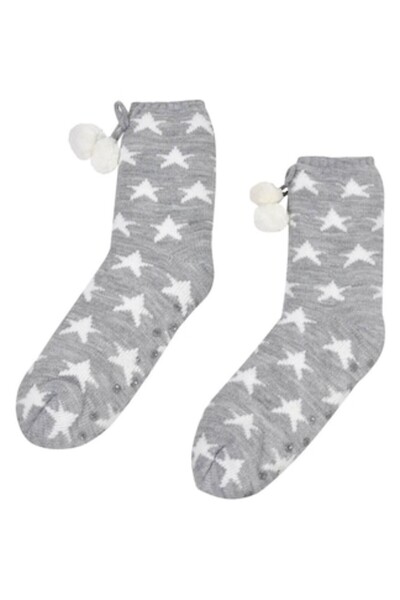 ANTBRO Women's Long Socks, Gray, Star Print, Faux Fur Lining, Non-Slip Sole, 1 Pair