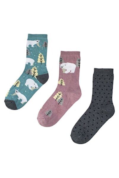 MYONNA IT & E- COMMERCE Women's Socks Set, Multicolor, 3 Pairs, Bear and Polka Dot Print