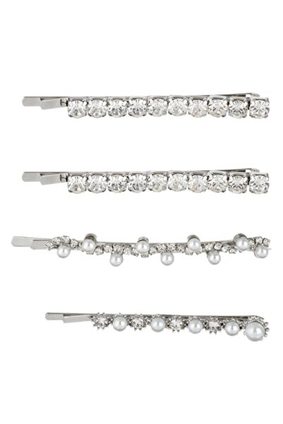 OEM Set of Silver Hairpins with Rhinestones & Beads for Women 6cm - 4 pcs