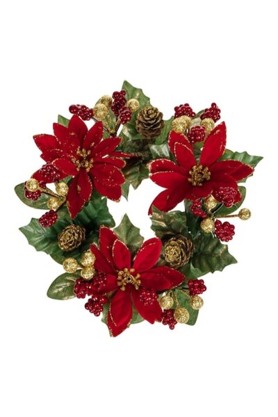 ANTBRO Inel decorativ de Crăciun cu flori roșii din catifea, fructe de pădure aurii, conuri, diametru 19 cm