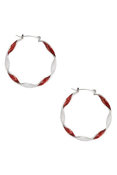 ANTBRO Twisted Hoop Earrings, Silver and Red, Christmas Jewelry