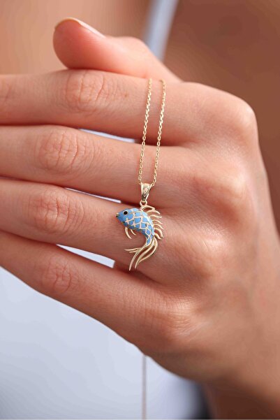 Giza Jewelry 14 Ayar Altın Mavi Mineli Balık Kolye Ucu