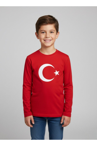 secret touch Children's Girls-Boys Long Sleeve T-Shirt with Moon and Star Turkish Flag