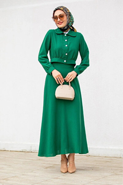 Tesettür Diyarı Linen Fabric Skirt Jacket Hijab Set - Emerald