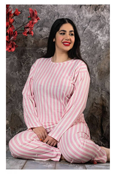 Ercan Women's Cotton Pajamas, Pink with Stripes, Large Size