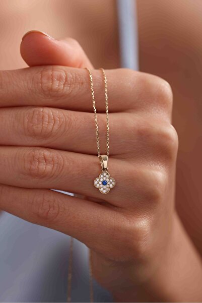 Giza Jewelry 14 Ayar Altın Orta Boy Taşlı Yonca Kolye Ucu