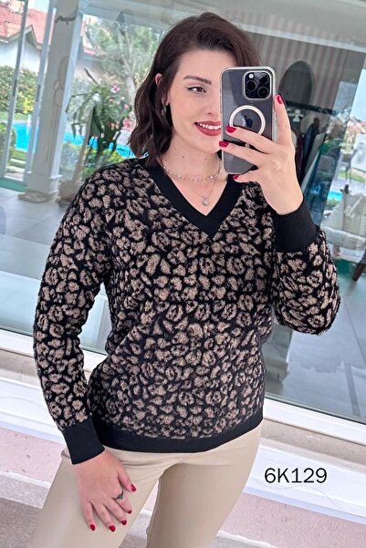 İnce Topuk V-Neck Leopard Pattern Bearded Knitwear Blouse 6K129