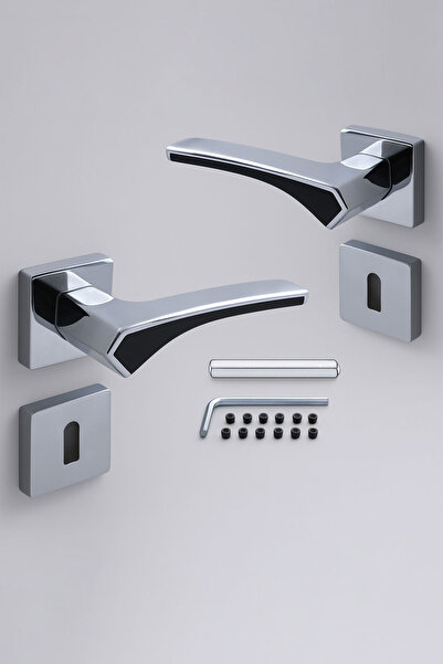 NZB Rozetli Oda Kapı Kolu Sağa ve Sola Uygun Kare Siyah Krom Saten 1 Takım