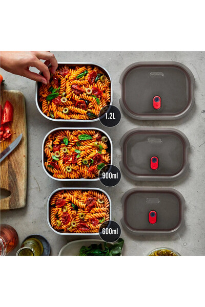 Black Blum Black+Blum Meal Prep FBSS-BX-L017 Food Container, 1.2l, Rectangular, Oven, No BPA, Steel, Grey/Red