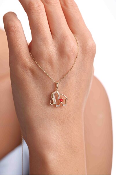 Giza Jewelry 14 Ayar Altın Mineli Kırmızı Kalpli Taşlı Fil Kolye Ucu