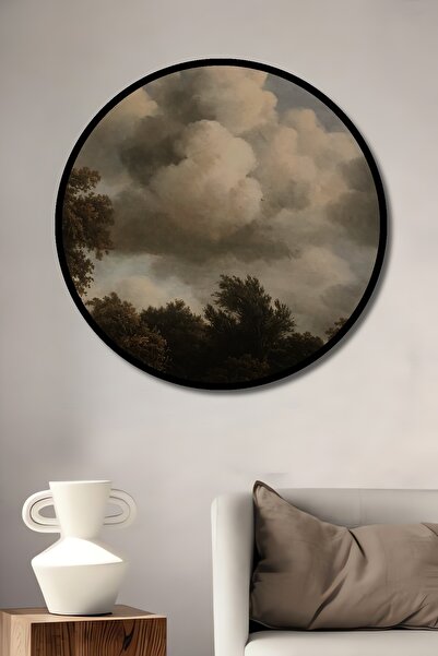 Teona Ahşap Διακοσμητικό ζωγραφικό τέχνης με ξύλινο στρογγυλό πλαίσιο με εικόνα της αυγής που περνάει από τα σύννεφα