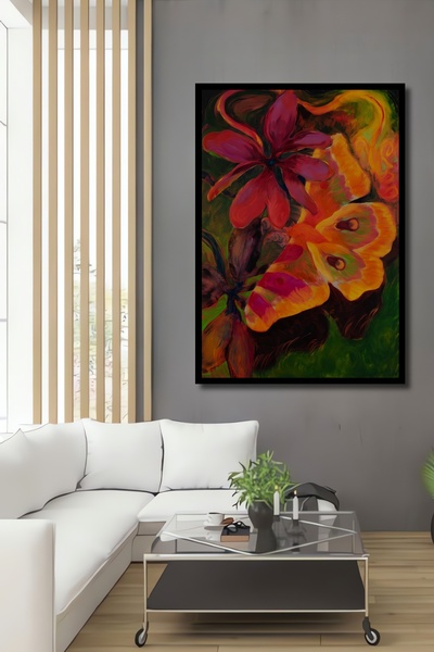 Teona Ahşap Tablou decorativ din lemn dreptunghiular cu aspect de rama cu flori strălucitoare și fluturi