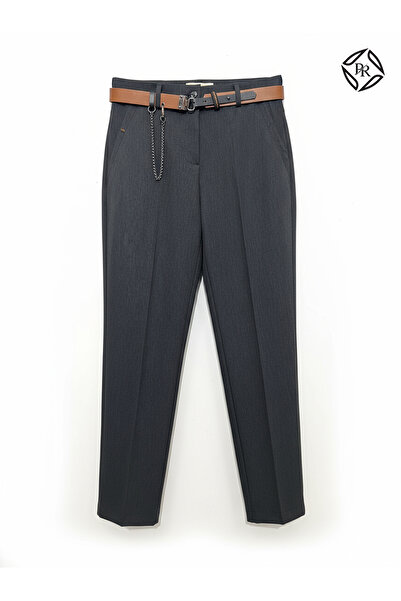 Acn Kadın Rahat Kalıp Kemerli Düz Kesim Kumaş Pantolon Ofis - Antrasit