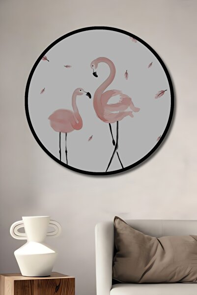 Teona Ahşap Tablou decorativ cu cadru rotund din lemn, cu pene de pasăre flam...