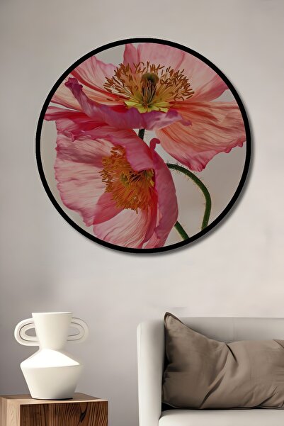 Teona Ahşap Διακοσμητικό ξύλινο στρογγυλό πλαίσιο με εμπριμέ ροζ παπαρούνες