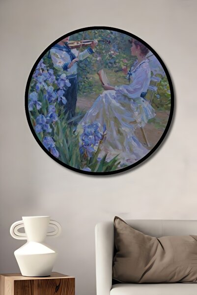 Teona Ahşap Tablou decorativ cu aspect de cadru rotund din lemn, băiat și femeie cântând la vioară