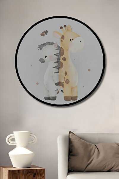Teona Ahşap Tablou decorativ cu cadru rotund din lemn Aspectul prieteniei zebră și girafă