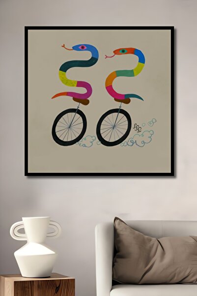Teona Ahşap Tablou decorativ din lemn dreptunghiular, șerpi colorați pe o bicicletă, aspect cadru