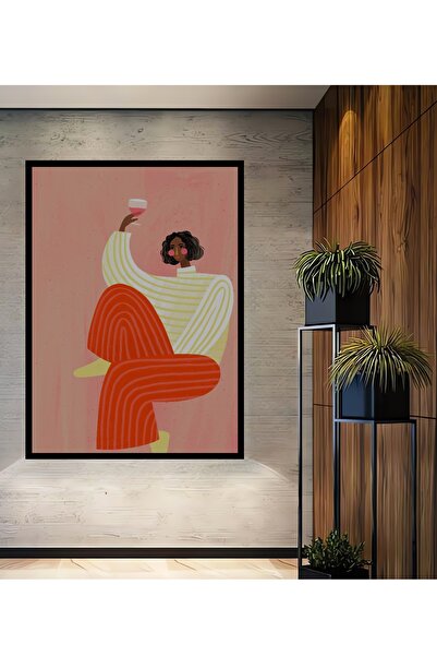 Teona Ahşap Tablou decorativ din lemn dreptunghiular, femeie care ține un pahar de vin, aspect de cadru