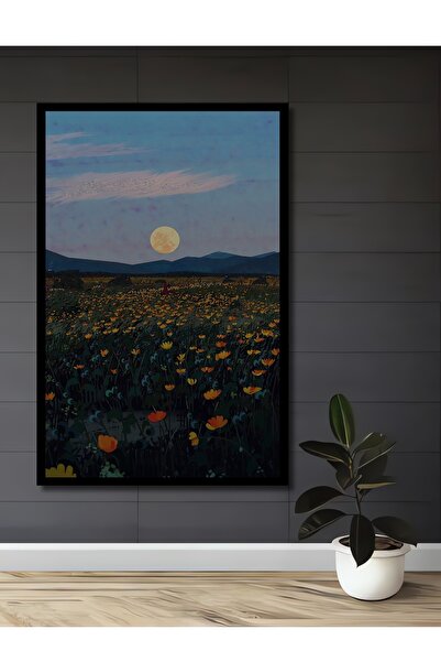 Teona Ahşap Tablou decorativ din lemn dreptunghiular cu cadru cu peisaj la lumina lunii cu flori