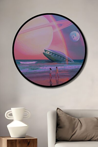 Teona Ahşap Tablou decorativ cu cadru rotund din lemn, cu aspect de navă spațială și planete