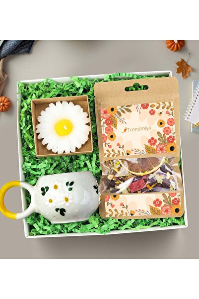 Trendmiya Bitki Çayı & El Yapımı Kupa & Papatya Mum Hediye Seti