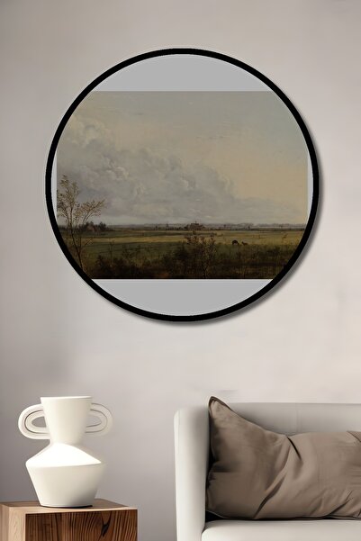 Teona Ahşap Tablou decorativ cu cadru rotund din lemn, cu aspect de peisaj cu pătrate mari