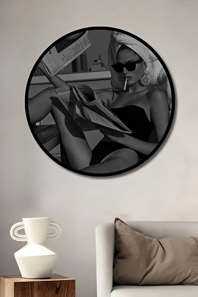 Teona Ahşap Tablou decorativ cu cadru rotund din lemn, citirea ziarelor în ti...