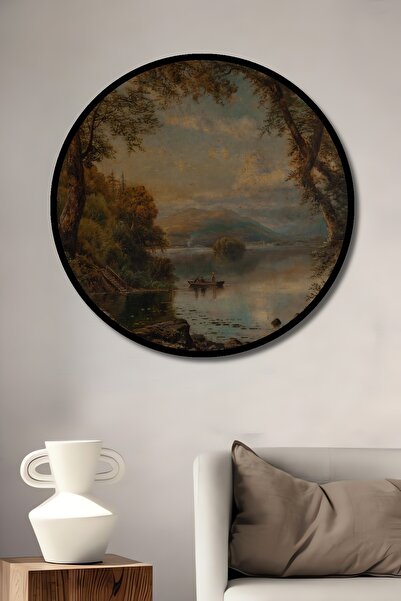 Teona Ahşap Tablou decorativ cu aspect de cadru rotund din lemn, peisaj natural, santal pe lac