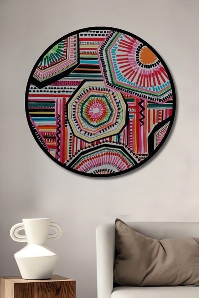 Teona Ahşap Декоративна дървена картина в кръгла рамка с цветни геометрични мотиви