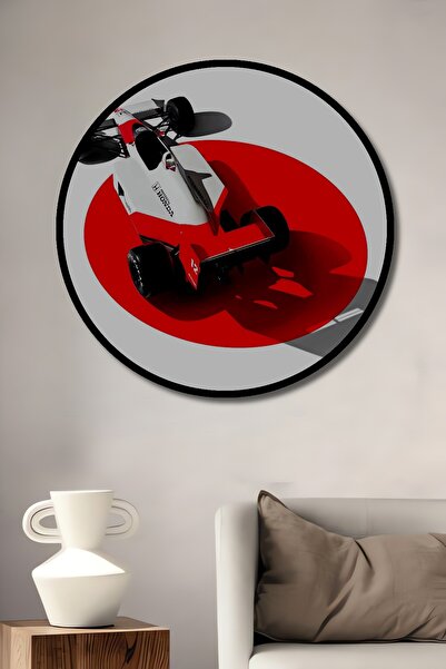 Teona Ahşap Tablou decorativ cu aspect de cadru rotund din lemn, mașină de curse, umbră roșie