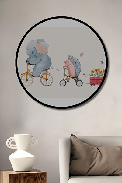 Teona Ahşap Tablou decorativ cu aspect de cadru rotund din lemn, excursie cu elefanți și arici cu bicicleta