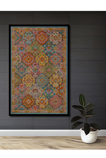 Teona Ahşap Tablou decorativ din lemn dreptunghiular cu aspect de cadru de covor cu model de flori colorate