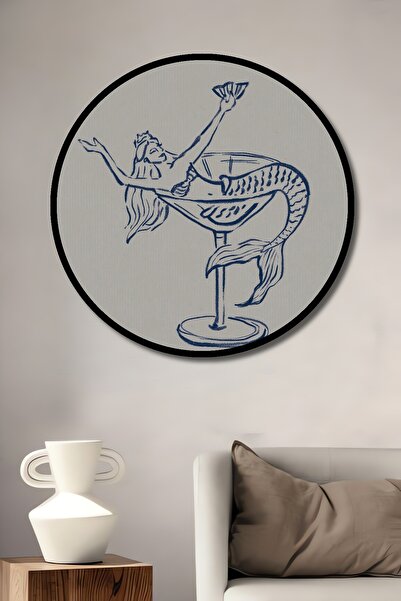 Teona Ahşap Tablou decorativ cu cadru rotund din lemn, aspect coadă de șampanie, sirenă