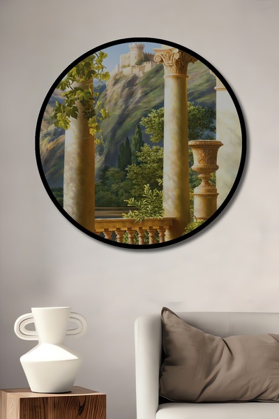 Teona Ahşap Tablou decorativ cu cadru rotund din lemn, cu aspect de terasă cu vedere la peisaj însorit