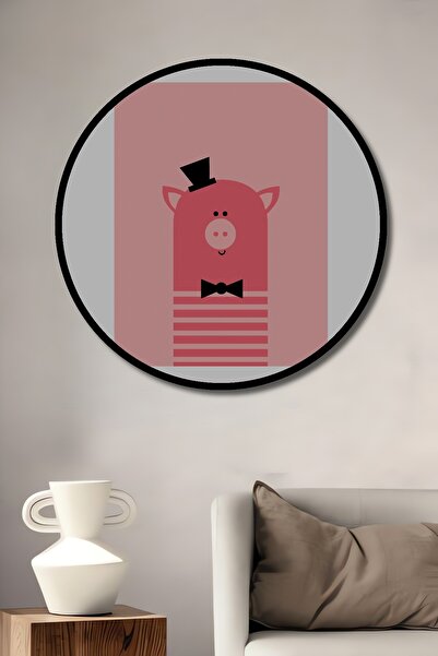 Teona Ahşap Tablou decorativ cu cadru rotund din lemn, cu aspect de pălărie de porc roz și papion