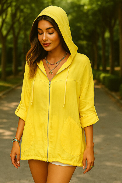 STYLENEST Women's Linen Lace Detailed Hooded Jacket Short Cap