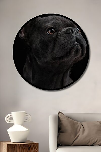 Teona Ahşap Tablou decorativ cu cadru rotund din lemn, cu aspect de buldog francez, cu aspect puternic