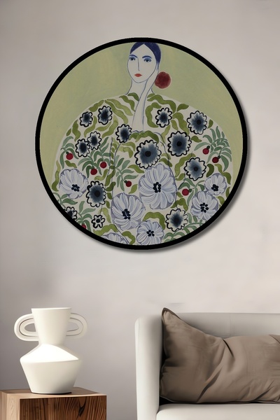 Teona Ahşap Tablou decorativ cu cadru rotund din lemn, femeie învelită în flori