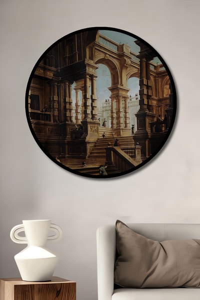 Teona Ahşap Tablou decorativ cu cadru rotund din lemn Aspect arhitectural istoric Trepte