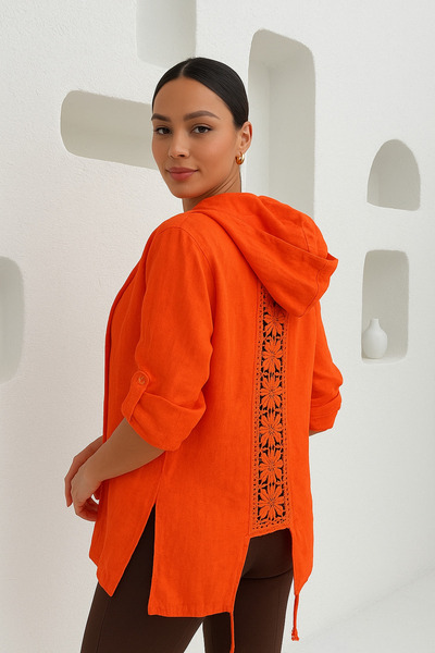 STYLENEST Women's Linen Lace Detailed Hooded Jacket Short Cap