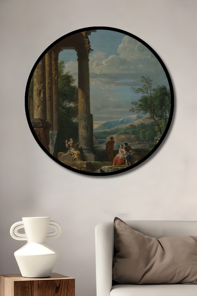 Teona Ahşap Tablou decorativ cu cadru rotund din lemn, peisaj cu ruine antice