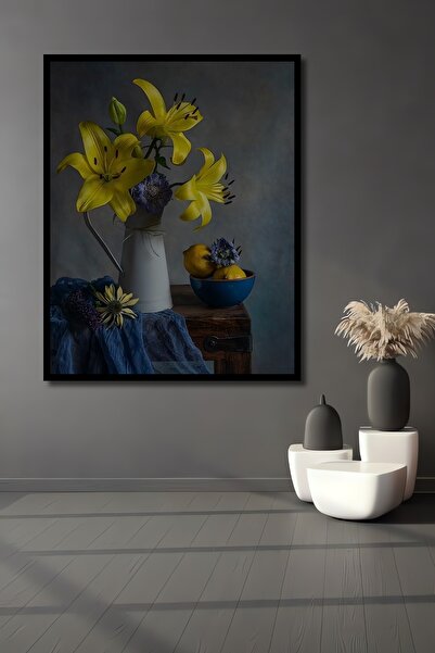 Teona Ahşap Tablou decorativ din lemn dreptunghiular cu crinii galbene și lămâi cu aspect de cadru