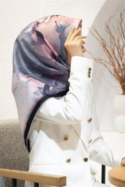 Vissona Tivil Silk Scarf 60842 - 13 - 0028 Gray Watercolor Flower Pattern