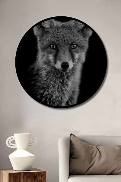 Teona Ahşap Tablou decorativ cu aspect de cadru rotund din lemn, portret de vulpe, alb-negru