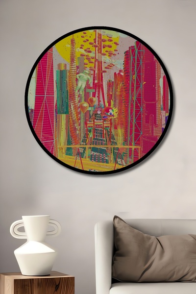 Teona Ahşap Tablou decorativ cu cadru rotund din lemn, peisaj colorat al orașului