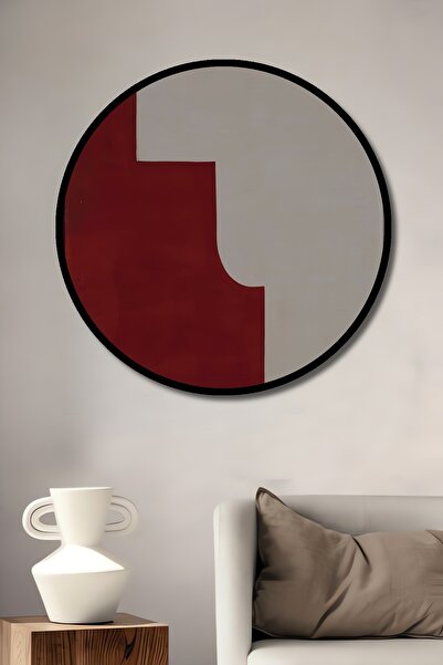 Teona Ahşap Tablou decorativ cu aspect de cadru rotund din lemn, artă abstractă, roșu și alb
