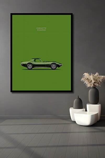 Teona Ahşap Tablou decorativ din lemn dreptunghiular cu aspect de cadru verde Corvette Stingray