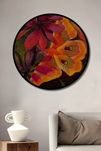 Teona Ahşap Tablou decorativ cu aspect de cadru rotund din lemn, flori strălucitoare și fluturi
