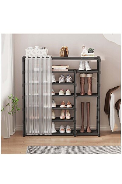 COOYA 7-Tier Metal Shoe Rack,Freestanding & Stackable,with Curtain/Non-Woven Fabric,Black 80x30x105cm